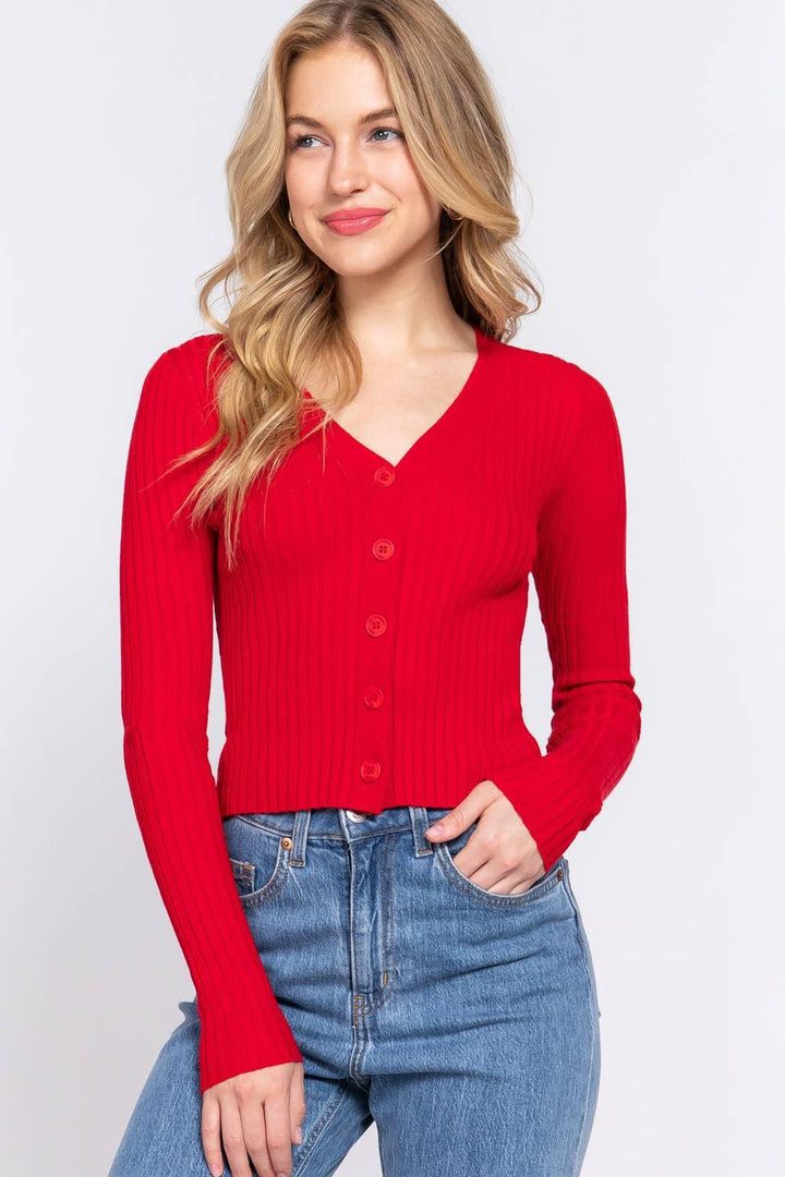 Women's Sweaters - Long Sleeve V-neck Fitted Sweater Cardigan - RED - Cultured Cloths Apparel