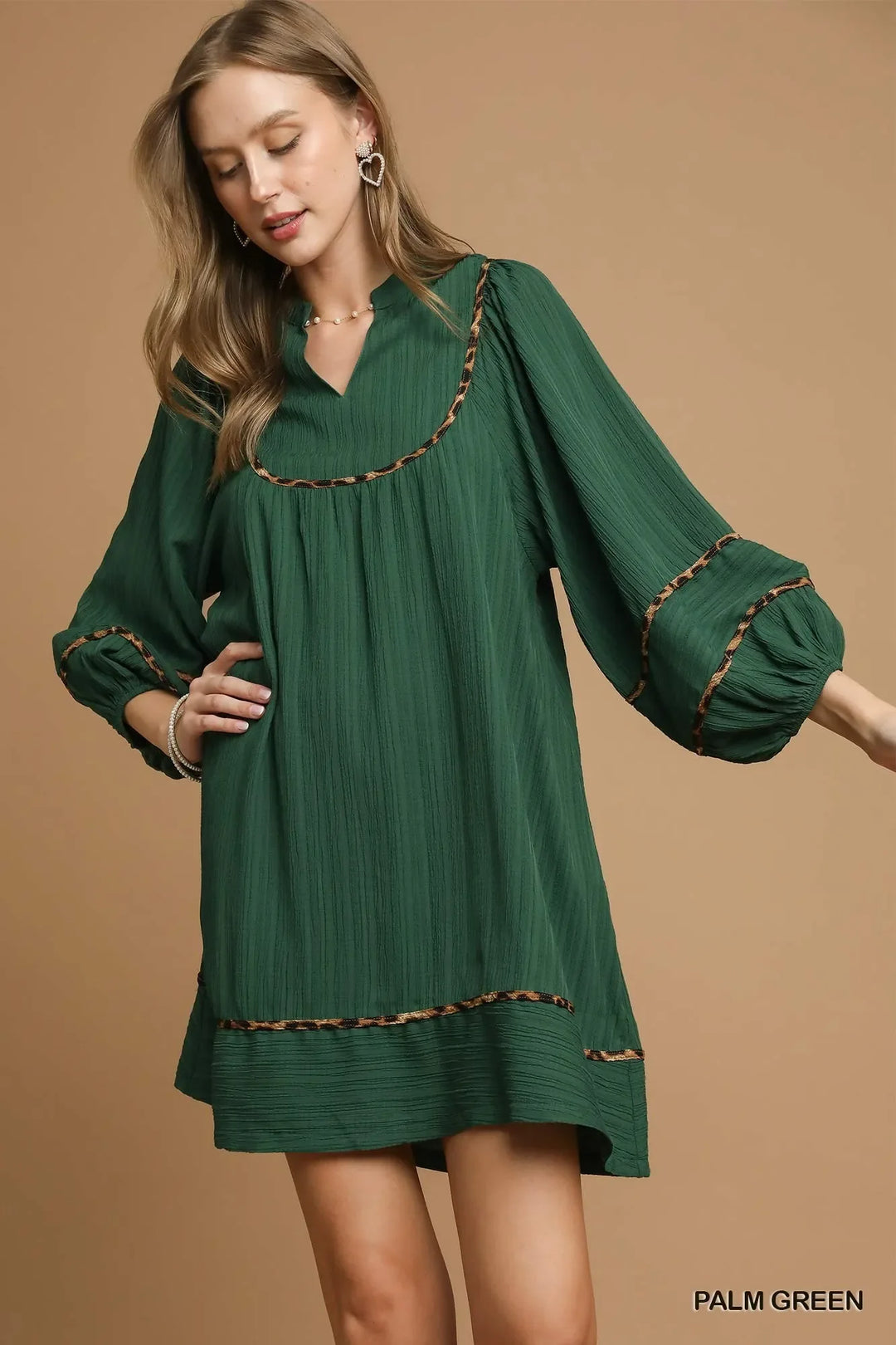 Women's Dresses - Umgee Textured Babydoll Dress with Leopard Trim - PALM GREEN - Cultured Cloths Apparel