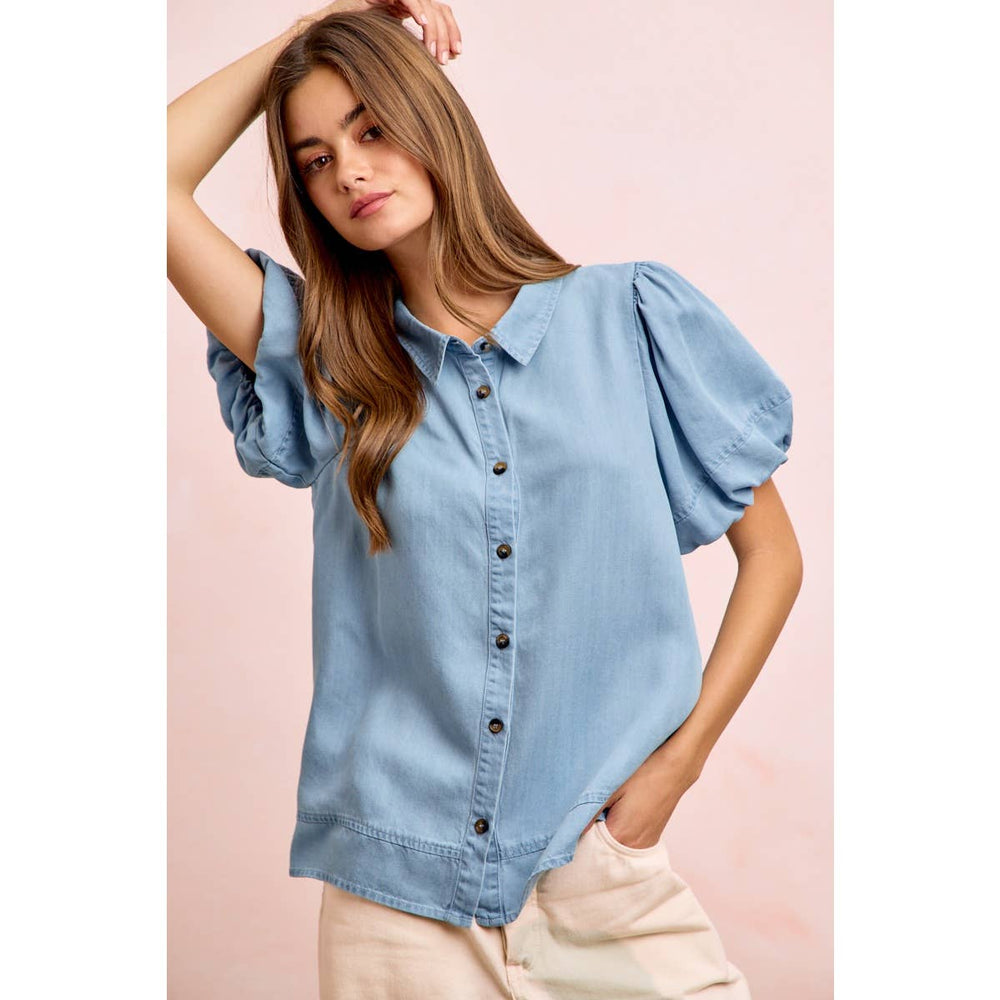 Women's Short Sleeve - PUFF SLEEVES WASHED TENCEL SHIRT TOP - - Cultured Cloths Apparel