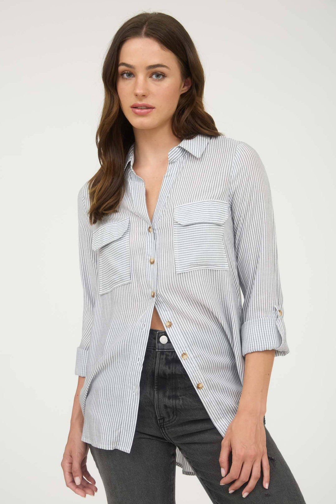 STRIPED COLLARED BUTTON DOWN WITH POCKETS