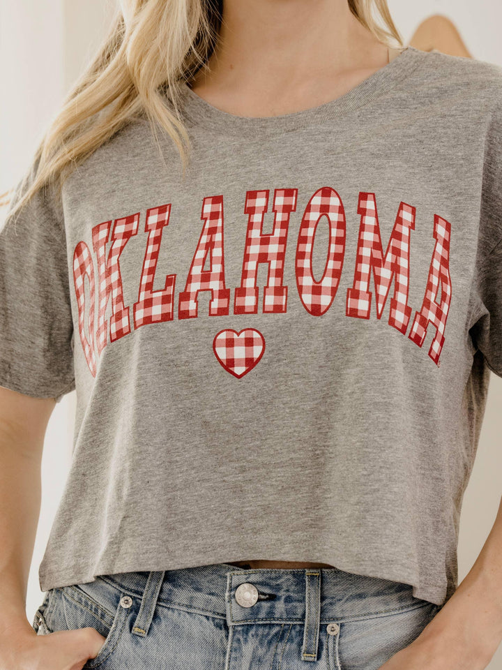 Graphic T-Shirts - OU Oklahoma Sooners Gingham Heart Gray Cropped Tee - - Cultured Cloths Apparel