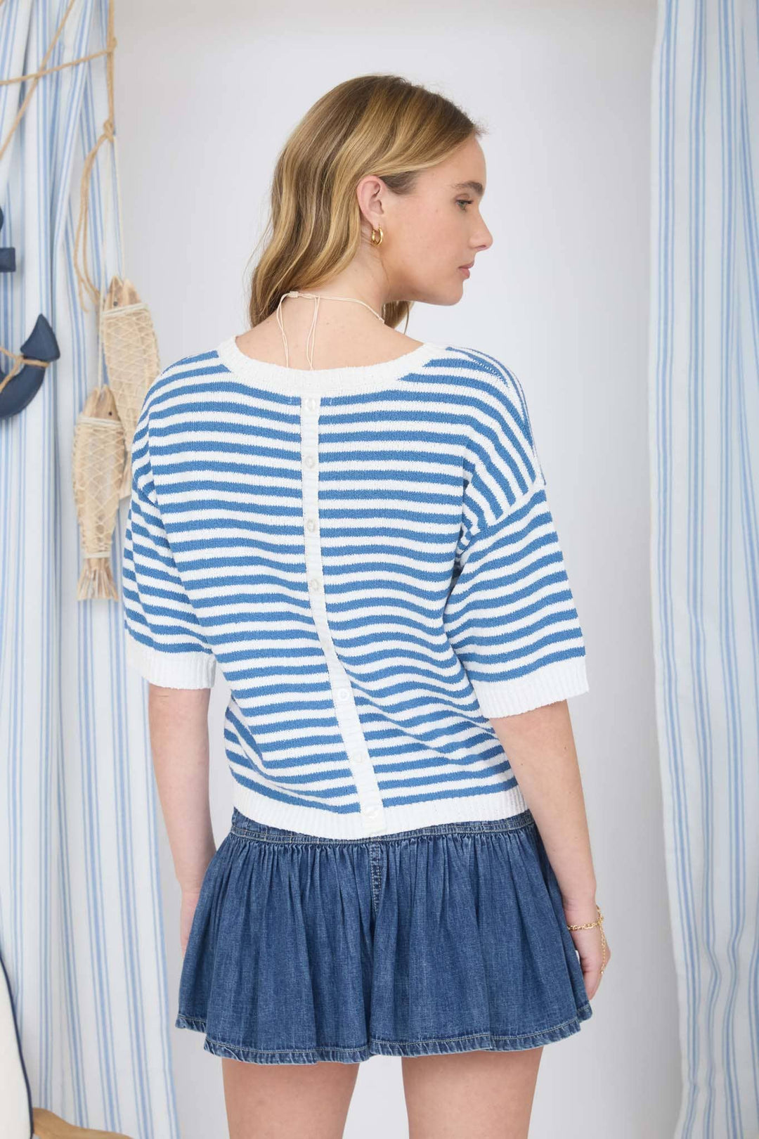 STRIPE CONTRAST TRIM SHORT SLEEVE KNIT SWEATER
