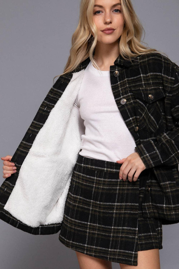 Outerwear - Long Sleeve Inside Faux Fur Brushed Plaid Jacket - - Cultured Cloths Apparel