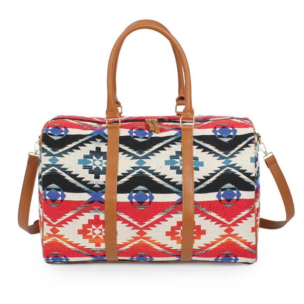 Handbags - Colorful Aztec Print Duffle Bag - Red - Cultured Cloths Apparel