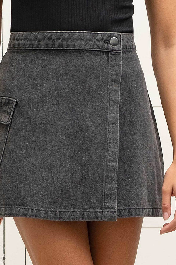 Women's Skirts - WRAP DENIM MINI CARGO SKIRT - BLACK - Cultured Cloths Apparel