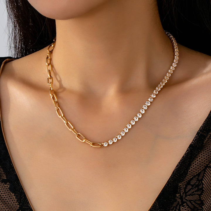 Accessories, Necklaces - Dual Necklace-Half Rhinestones & Half Link Chain | 80N92669 - GOLD - Cultured Cloths Apparel
