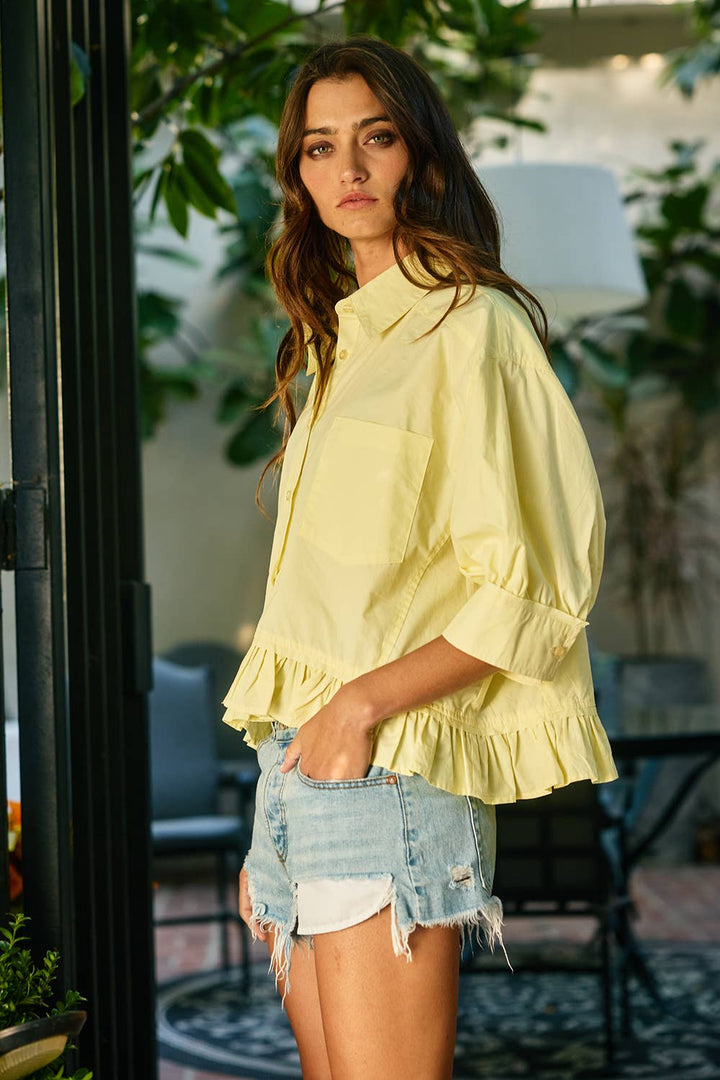 Women's Short Sleeve - Ruffled Hem Solid Poplin Blouse Shirt Top - - Cultured Cloths Apparel