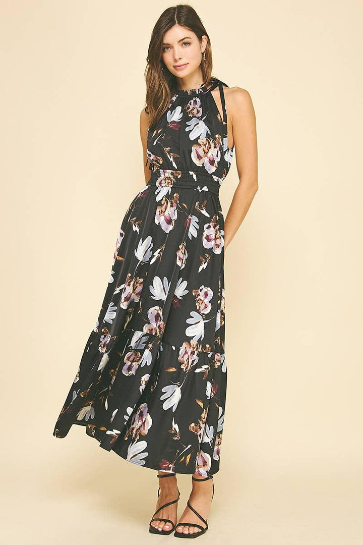 Women's Dresses - FLORAL HALTER NECK TIERED DRESS - BLACK MULTI - Cultured Cloths Apparel