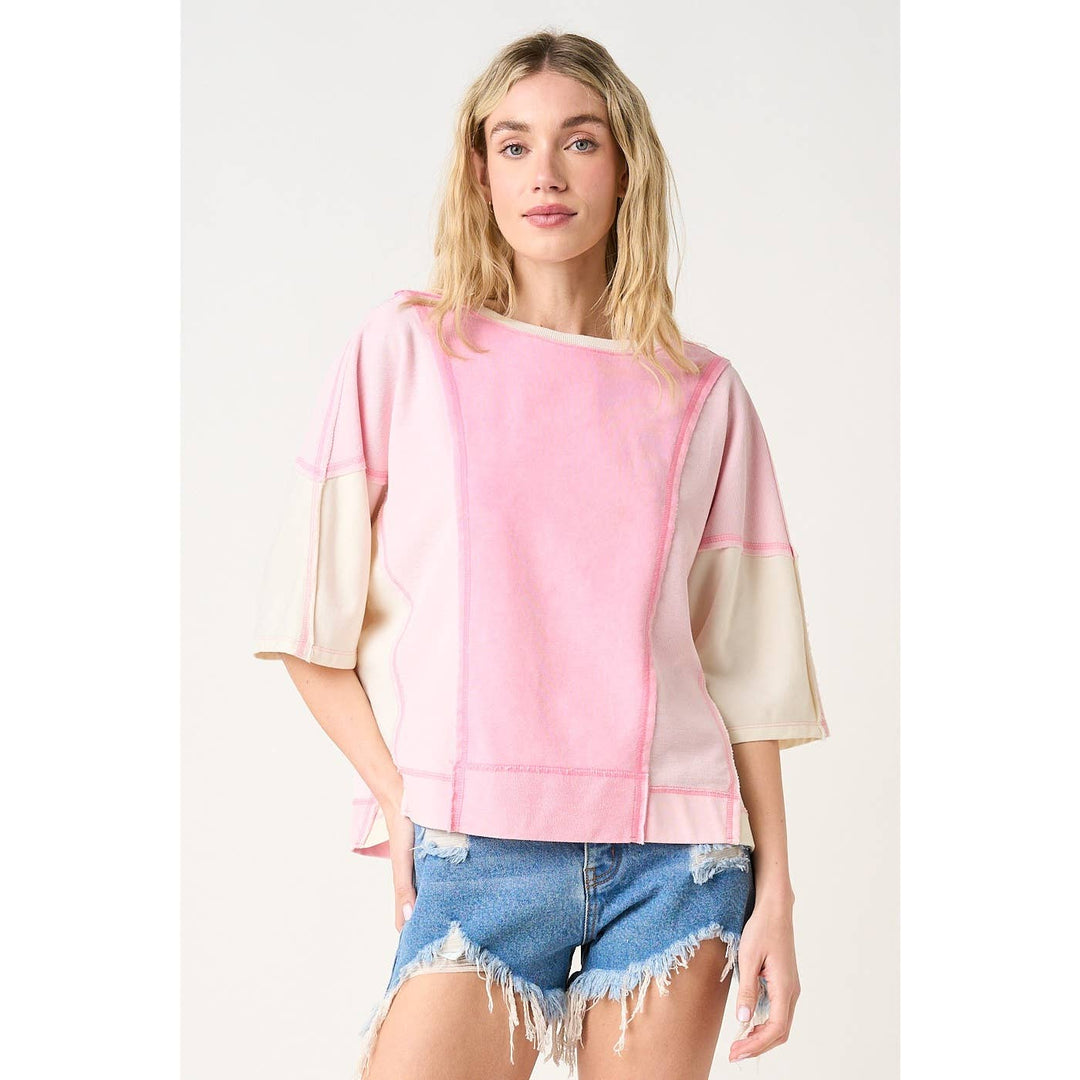Women's Short Sleeve - MINERAL WASH COLOR BLOCK RELAXED FIT SHORT SLEEVE TOP - - Cultured Cloths Apparel