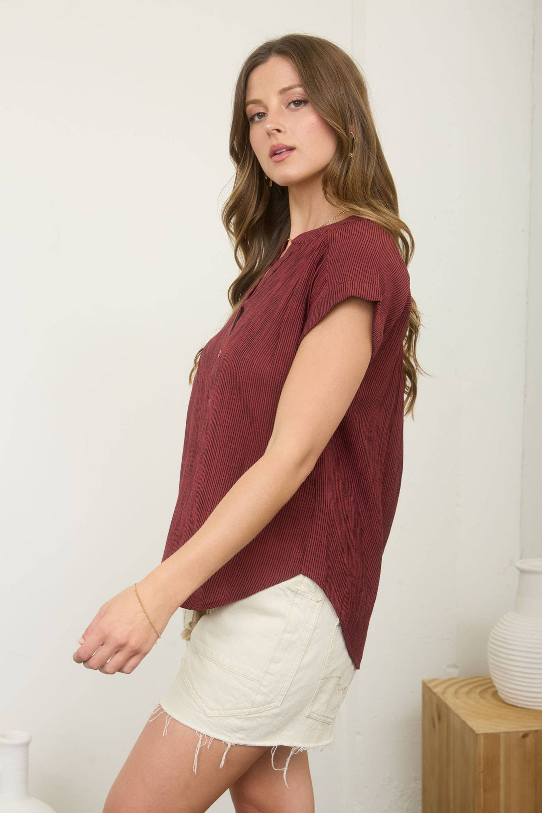 Women's Short Sleeve - PINSTRIPE SHORT CUFF SLEEVE BUTTON DOWN SHIRT - - Cultured Cloths Apparel