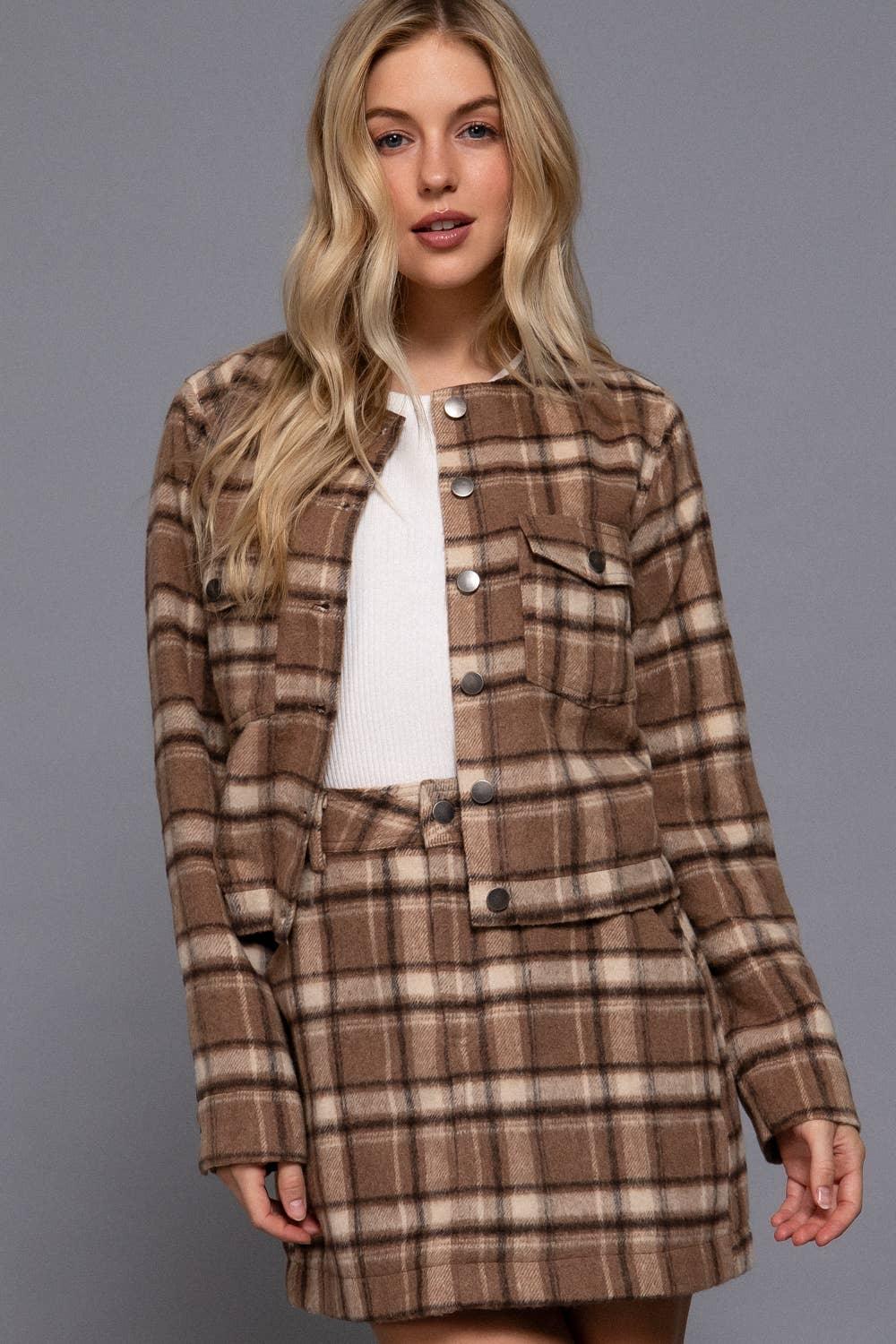 Outerwear - Long Sleeve Round Neck Brushed Plaid Jacket - SMALL - Cultured Cloths Apparel