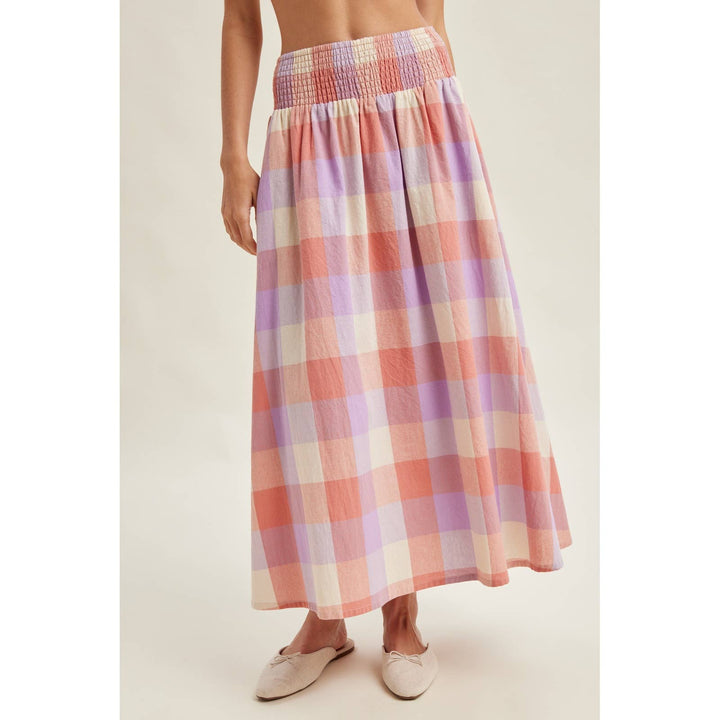 SMOCKED WAIST PLAID TIERED MIDI SKIRT