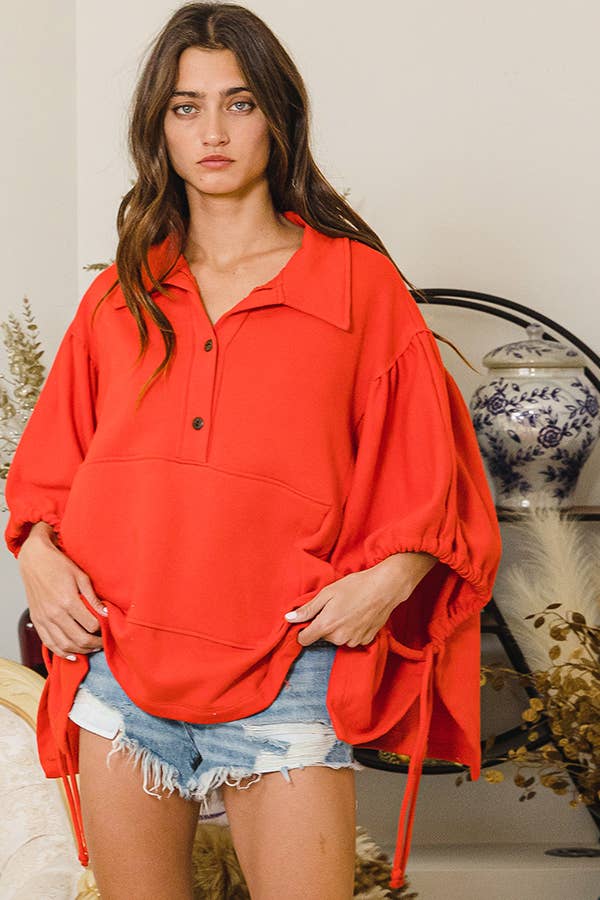 Women's Short Sleeve - Gray Oversized Drawstring Tie Sleeves Detail Solid Top - - Cultured Cloths Apparel
