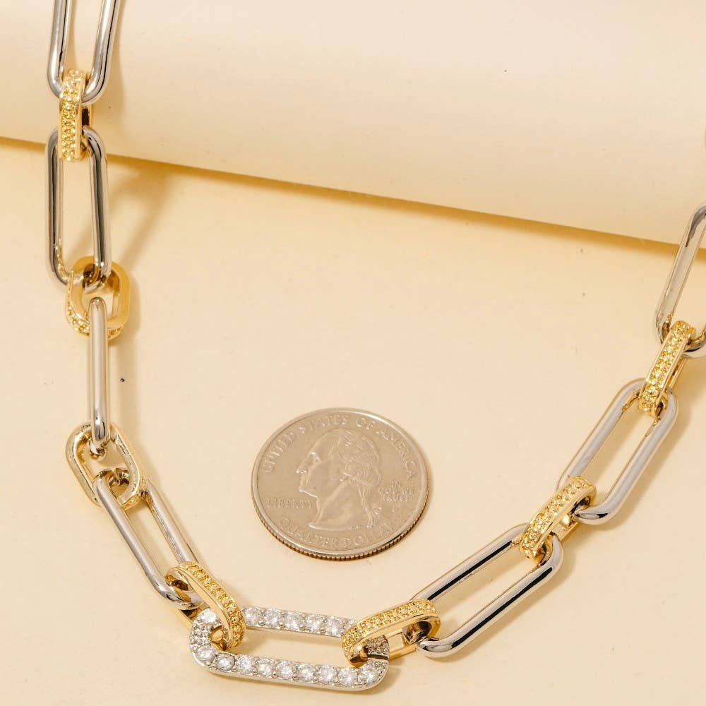 Accessories, Necklaces - Two Tone Oval Classic Chain Cz Pave Link Classic Chain Necklace - - Cultured Cloths Apparel