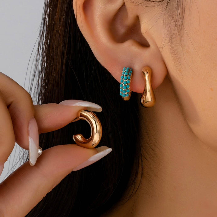 Accessories, Earrings - Turquoise Enamel Hoop Trio Earring Set | 80E61664 - GOLD - Cultured Cloths Apparel