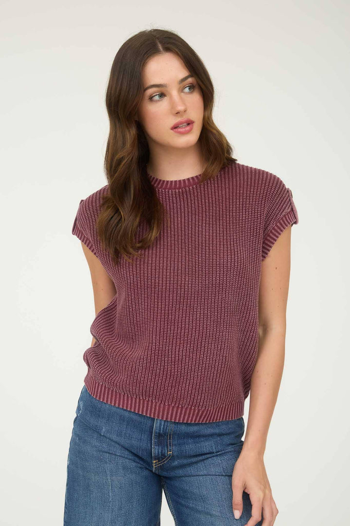Women's Short Sleeve - WASHED KNIT SHORT TAB SLEEVE PULLOVER SWEATER - BURGUNDY - Cultured Cloths Apparel