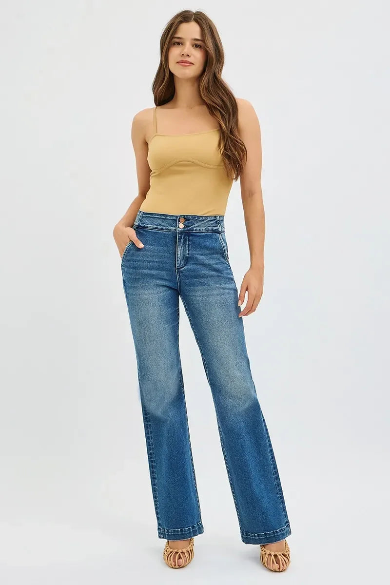 Denim - RISEN Full Size Tummy Control High Rise Bootcut Jeans with Double Button Waistband - - Cultured Cloths Apparel