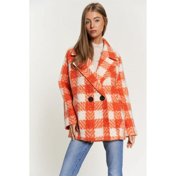 Outerwear - Fuzzy Boucle Textured Double Breasted Coat Jacket - Orange - Cultured Cloths Apparel