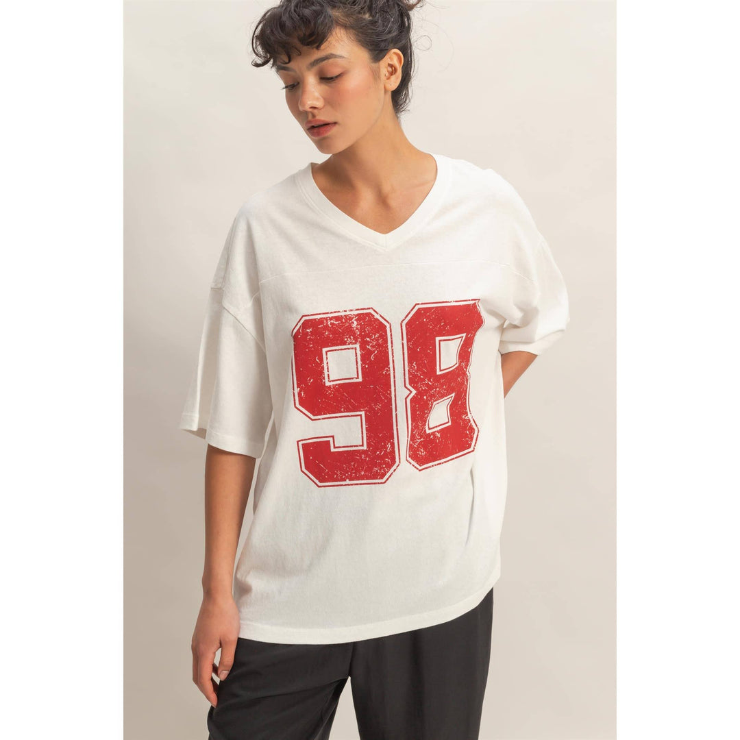Graphic T-Shirts - Oversized Varsity Style V-Neck Graphic T-Shirt - - Cultured Cloths Apparel