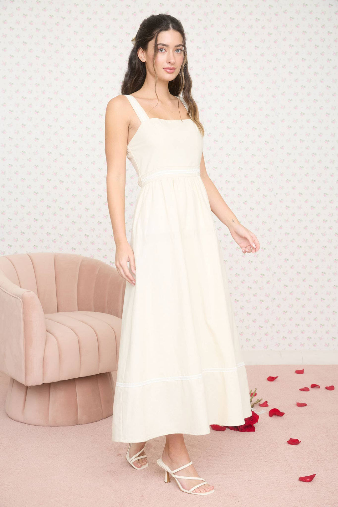 LINE LACE TRIM SLEEVELESS MIDI DRESS