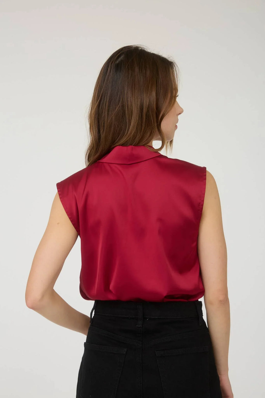 Women's Sleeveless - SATIN COLLARED SLEEVELESS BLOUSE - - Cultured Cloths Apparel