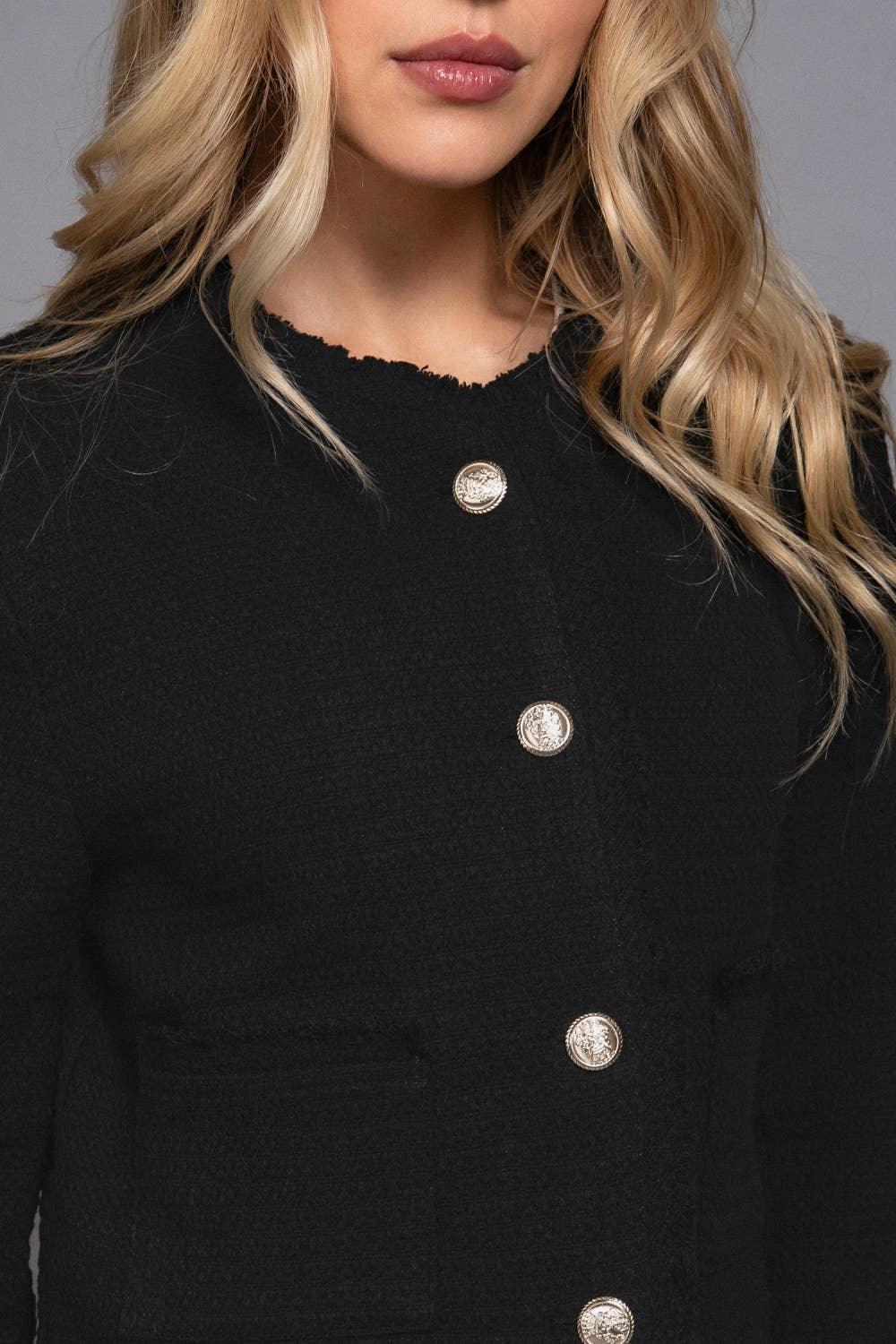 Outerwear - Long Sleeve Crew Neck Button Down Tweed Jacket - BLACK - Cultured Cloths Apparel