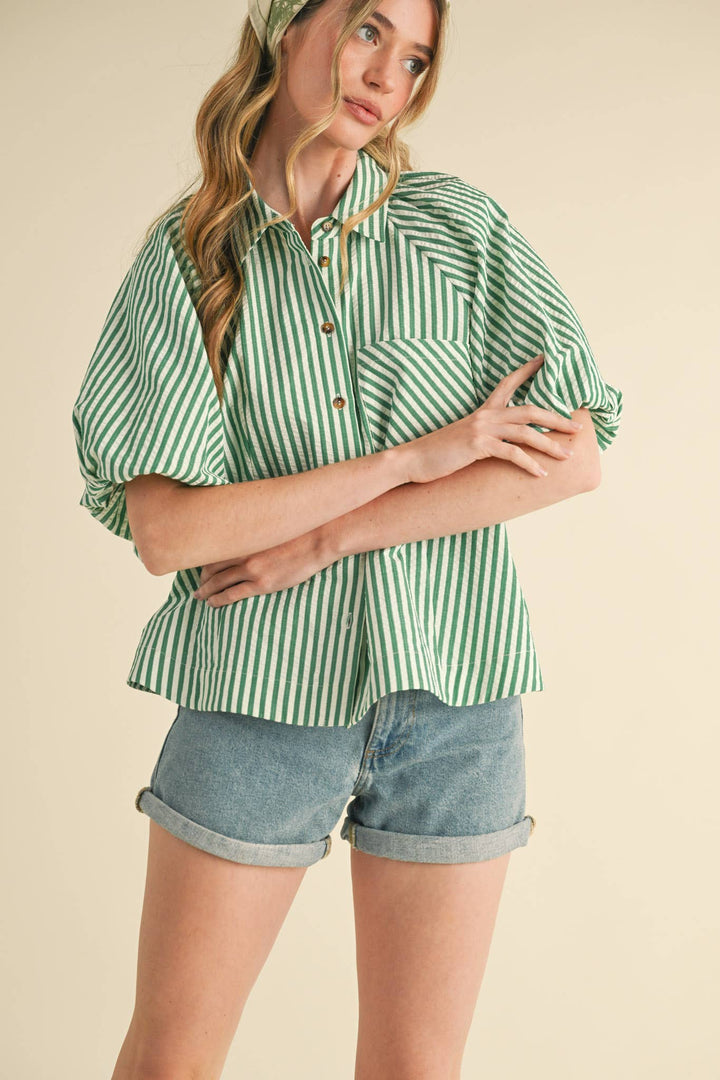 Women's Short Sleeve - STRIPED BUBBLE SLEEVE BUTTON DOWN TOP - L - Cultured Cloths Apparel