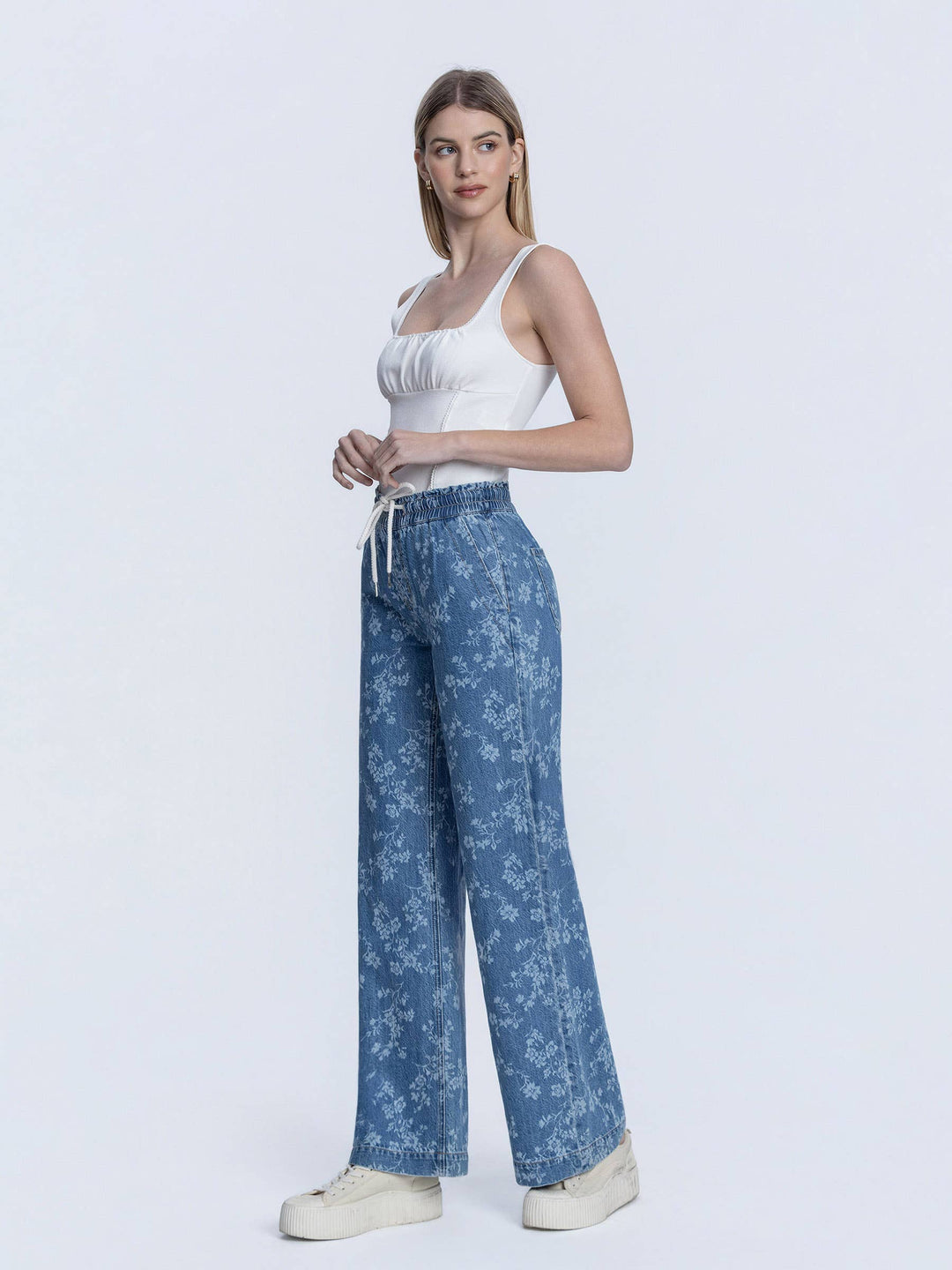 Denim - HIGH RISE FLORAL PRINT BAGGY WIDE LEG JEANS - - Cultured Cloths Apparel