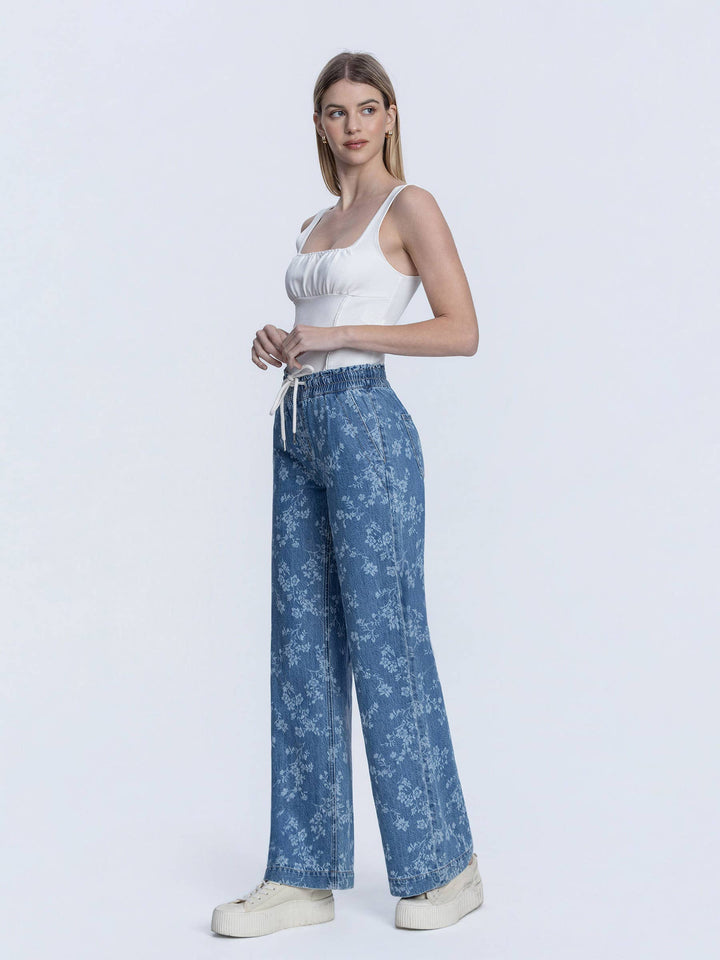 Denim - HIGH RISE FLORAL PRINT BAGGY WIDE LEG JEANS - - Cultured Cloths Apparel