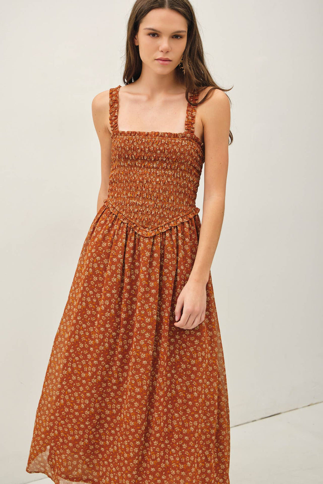 Dresses - FLORAL PRINTED SMOCKE BODICE MIDI DRESS - L - Cultured Cloths Apparel