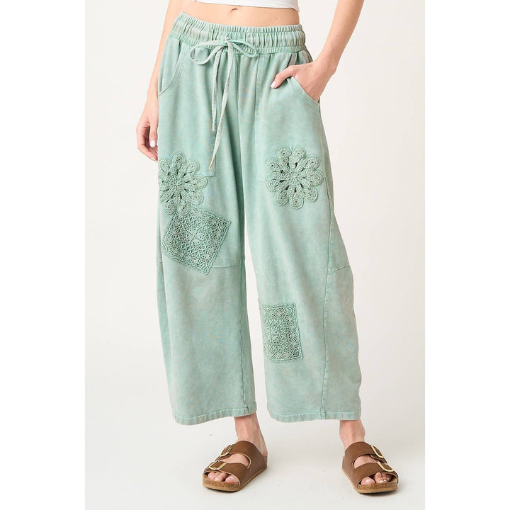 MINERAL WASH CROCHET PATCH BARREL LEG PANTS