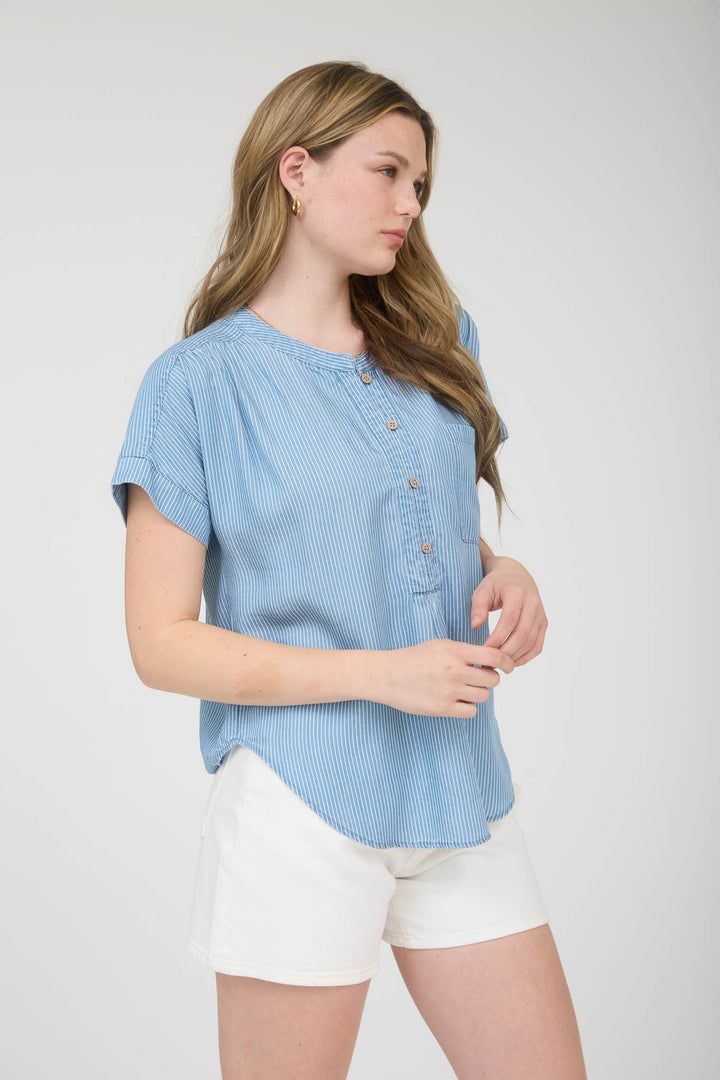STRIPE CHAMBRAY HENLEY RUCHED DETAIL TOP