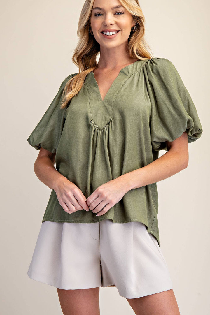 - V-Neck Placket Balloon Sleeve Top - - Cultured Cloths Apparel