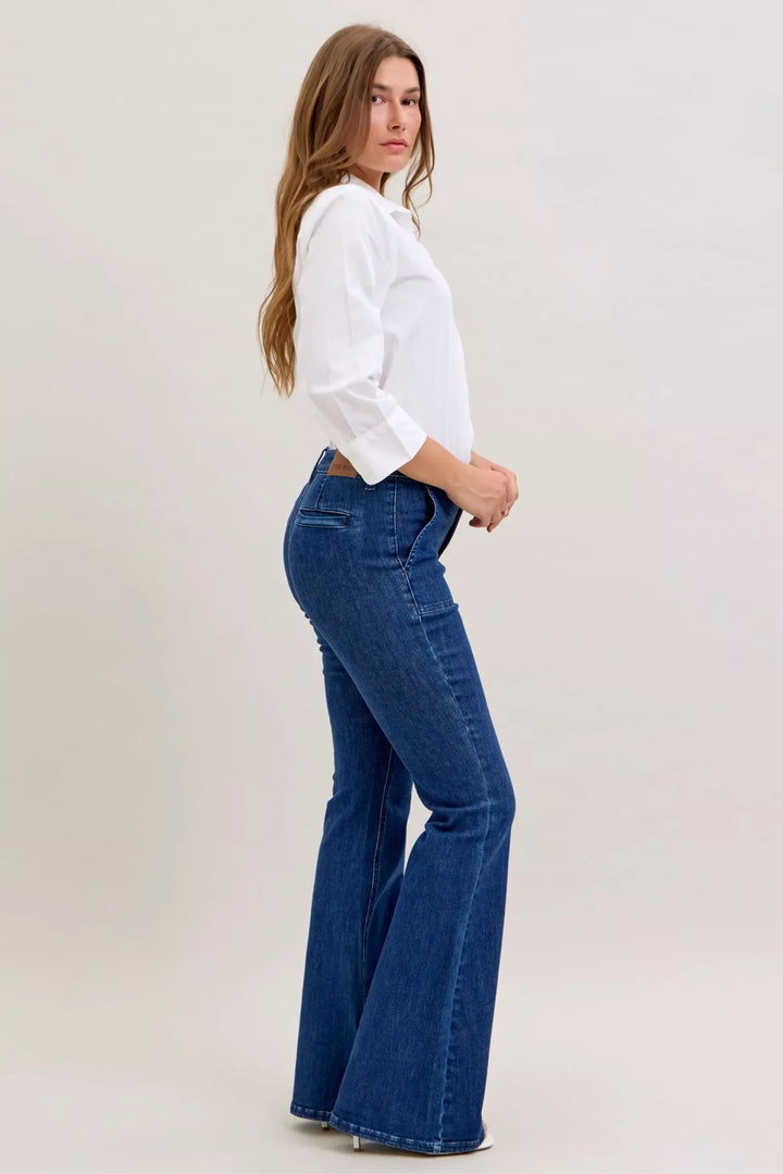 Denim - Judy Blue High Waist Flare Jeans with Front Patch Pockets - - Cultured Cloths Apparel