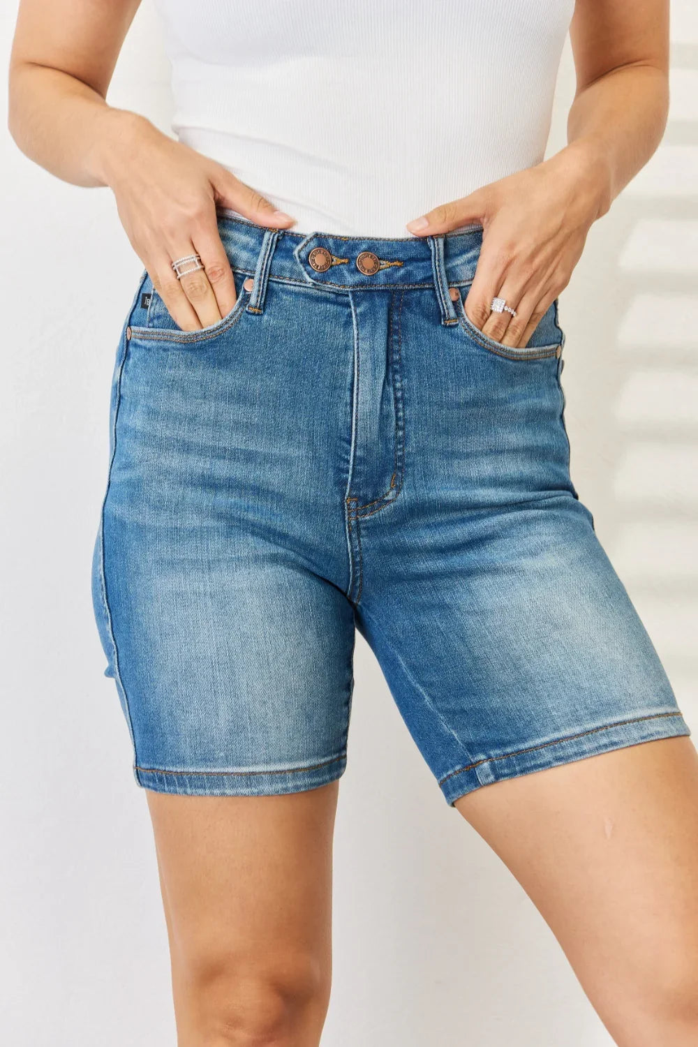 Women's Shorts - Judy Blue Full Size Tummy Control Double Button Bermuda Denim Shorts - Medium - Cultured Cloths Apparel