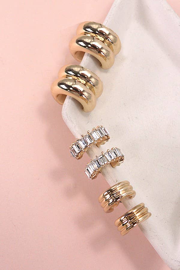 Accessories, Earrings - BAGUETTE STONE DOUBLE HOOP HUGGIE TRIO EARRINGS | 80E5317 - Gold - Cultured Cloths Apparel