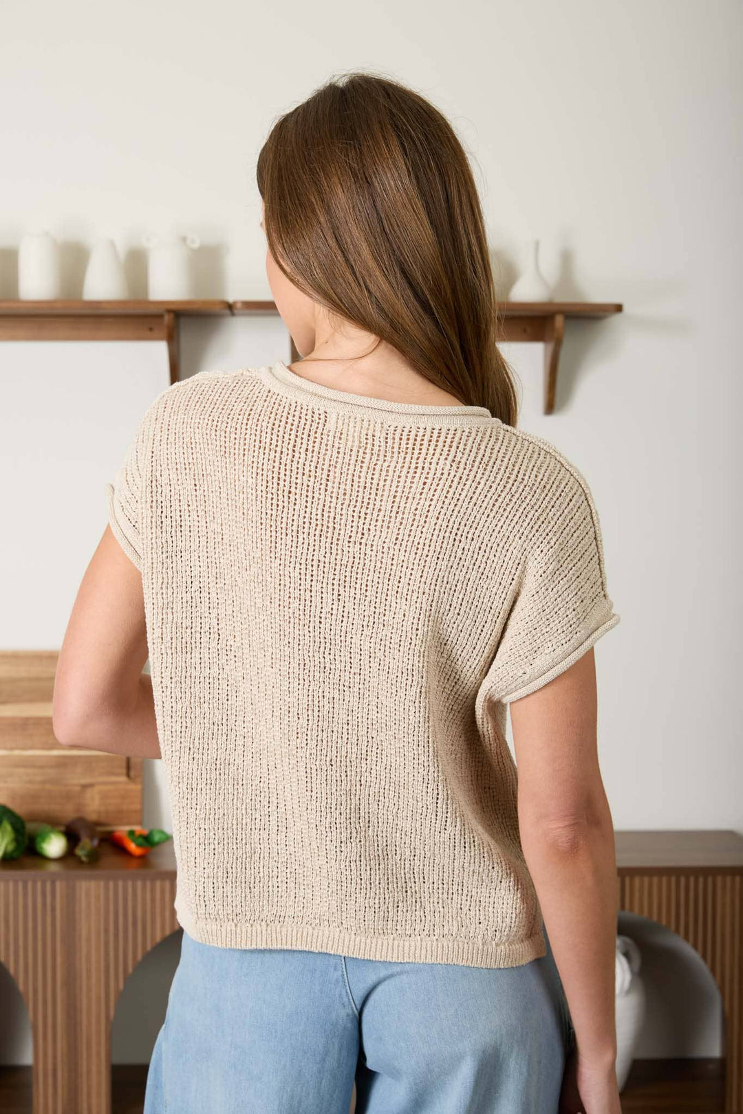 Women's Short Sleeve - SPLIT NECK RAW EDGE SHORT SLEEVE SHEER KNIT TOP - - Cultured Cloths Apparel