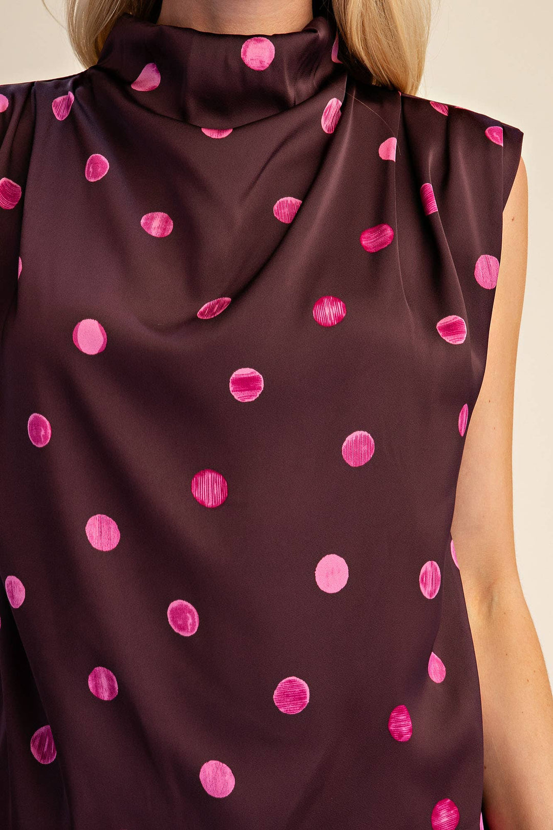 Cowl Mock Neck Pleats Shoulder Sleeveless Top Polka Dot