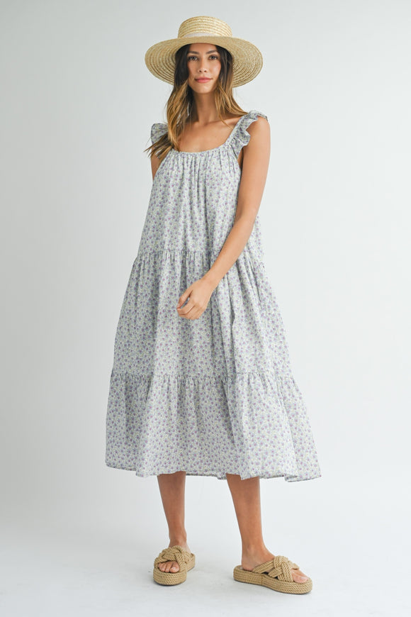 Women's Dresses - MABLE Floral Ruffle Shoulder Tiered Midi Dress - Blue - Cultured Cloths Apparel