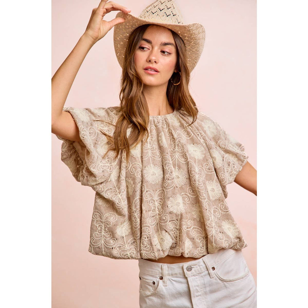 Women's Short Sleeve - FLOWER EMBROIDERED SHIRRED NECKLINE BUBBLE HEM TOP - - Cultured Cloths Apparel