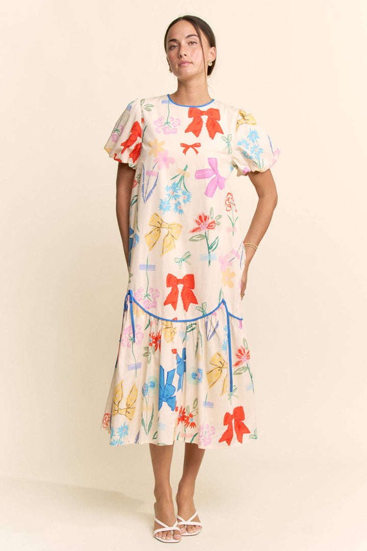 BOW FLOWER PRINTED BINDING DETAIL MIDI DRESS