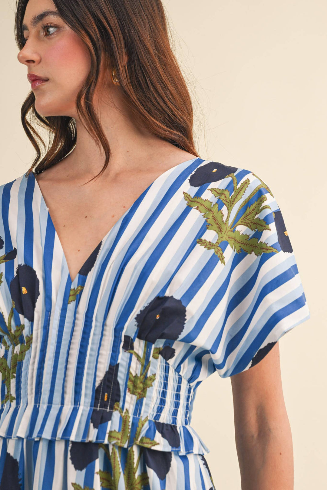 Dresses - STRIPED FLORAL PIN TUCK WAIST MIDI DRESS - - Cultured Cloths Apparel