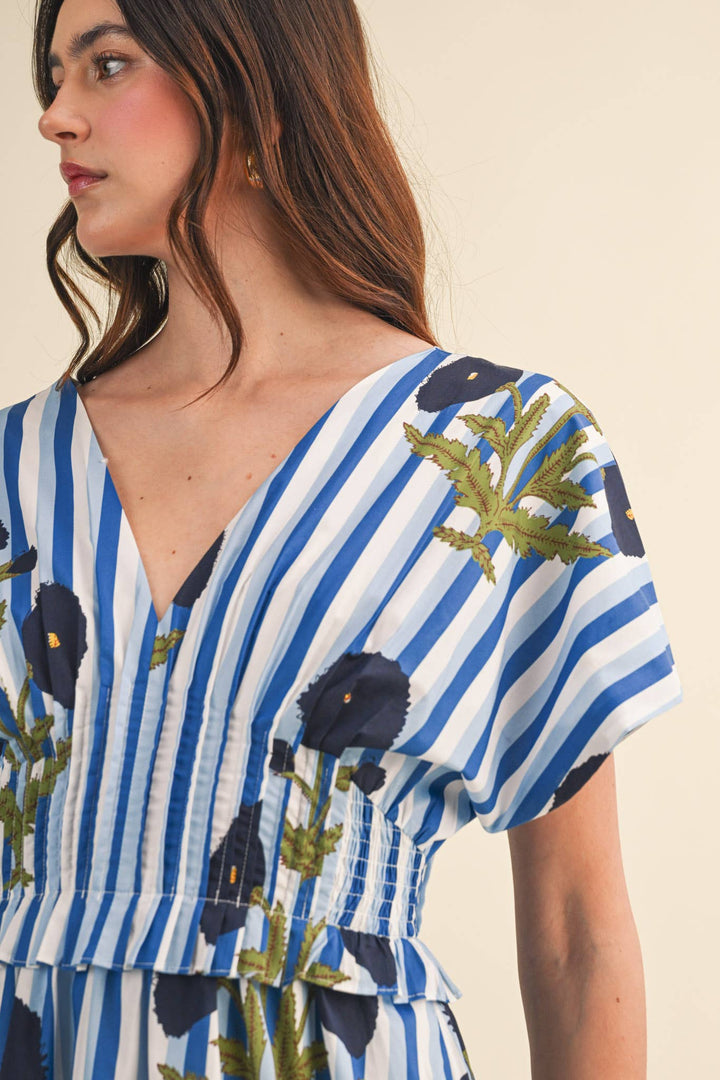 Dresses - STRIPED FLORAL PIN TUCK WAIST MIDI DRESS - - Cultured Cloths Apparel