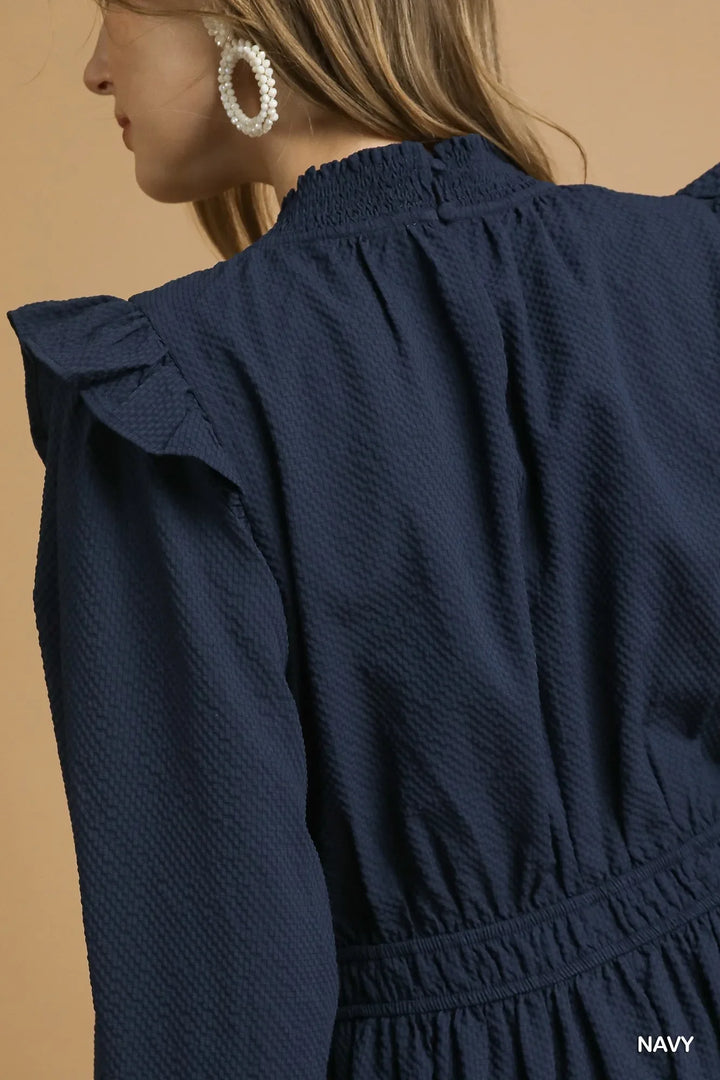 Women's Dresses - Umgee Textured Midi Dress with Ruffle Shoulder Detail - - Cultured Cloths Apparel