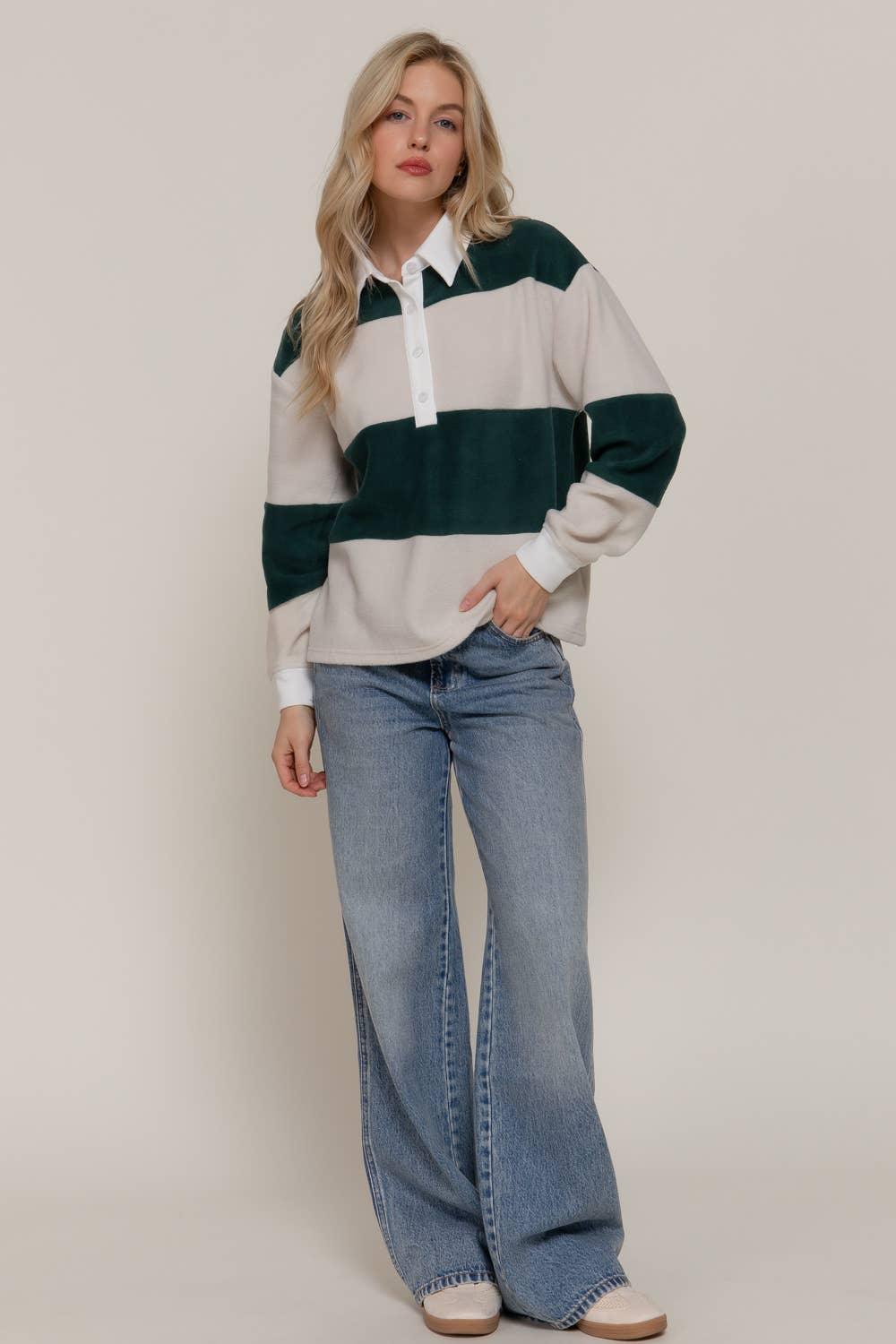 Women's Long Sleeve - Long Sleeve Rugby Stripe Fleece Polo Top - Taupe/Green - Cultured Cloths Apparel