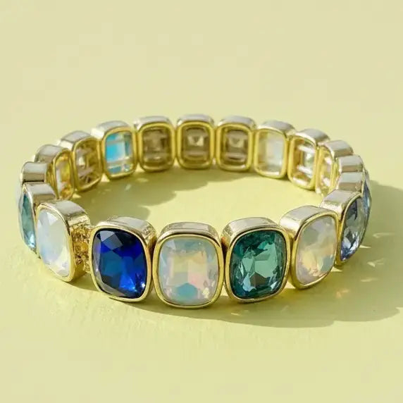 Accessories, Bracelets - Enamel Stretch Bracelet - Square Gems - Layla - Asst Colors - Yellow Gold - Cultured Cloths Apparel