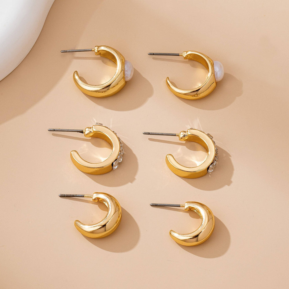 Accessories, Earrings - Pearl & Baguette Huggie Hoop Trio Earring Set - - Cultured Cloths Apparel