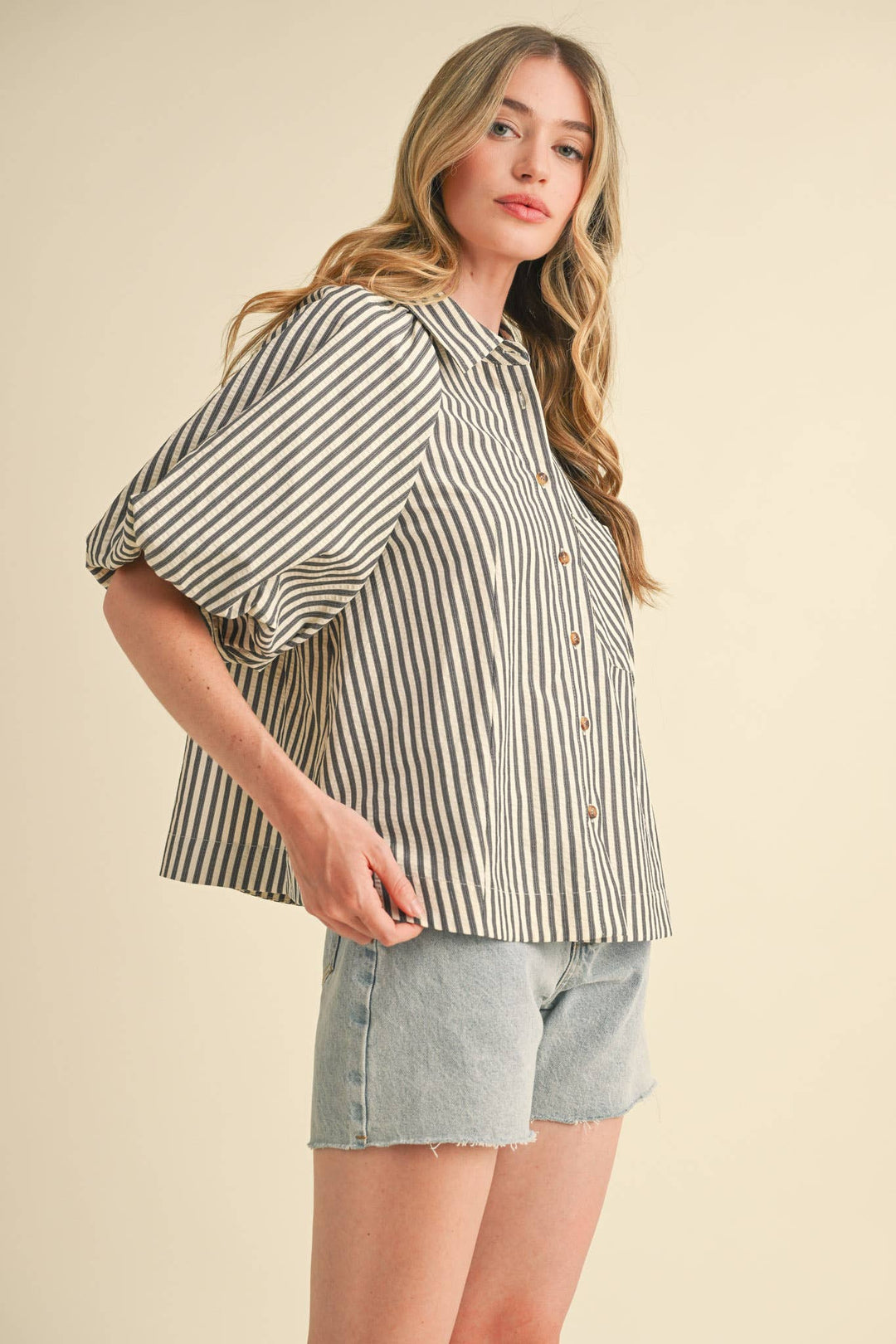 Women's Short Sleeve - STRIPED BUBBLE SLEEVE BUTTON DOWN TOP - - Cultured Cloths Apparel