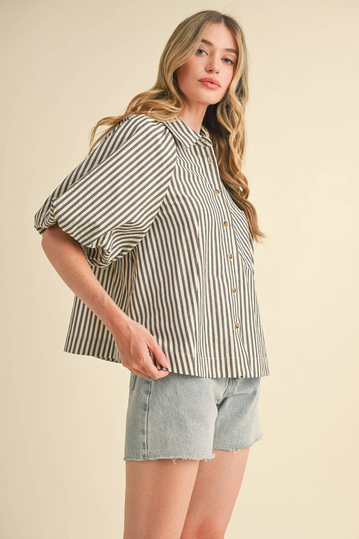 Women's Short Sleeve - STRIPED BUBBLE SLEEVE BUTTON DOWN TOP - - Cultured Cloths Apparel