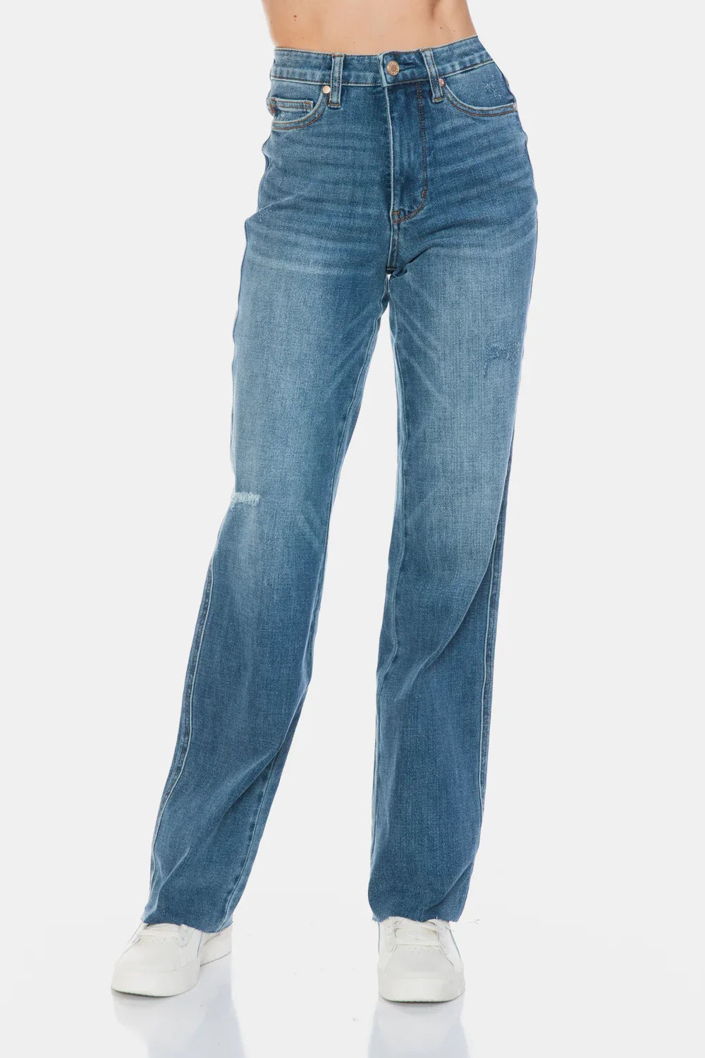 Denim - Judy Blue Full Size Tummy Control Cut Raw Hem Straight Jeans - - Cultured Cloths Apparel